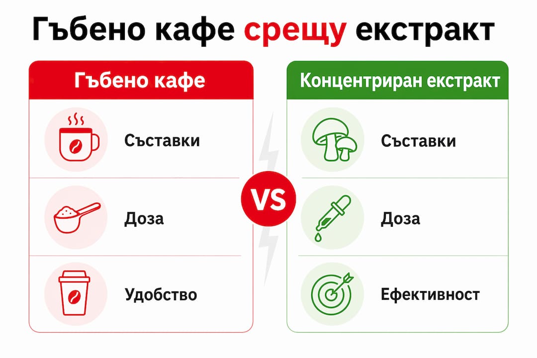 Инфографика: Сравнение между кафе с гъби и концентриран гъбен екстракт