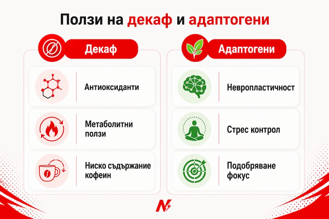 Инфографика: Какви са предимствата на безкофеиновото кафе и адаптогените – сравнение и полезни ефекти за здравето