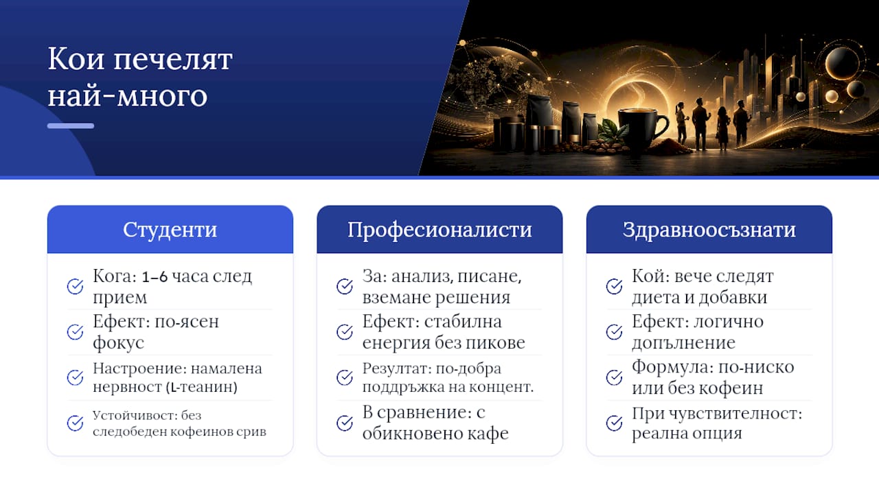 Групи хора, които извличат ползи от консумацията на ноотропно кафе – визуално представяне
