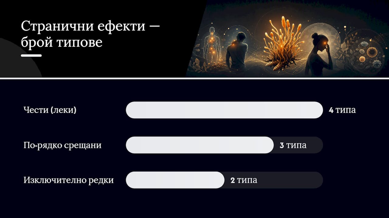 Графика, показваща колко често и колко силно се проявяват страничните ефекти от Кордисепс