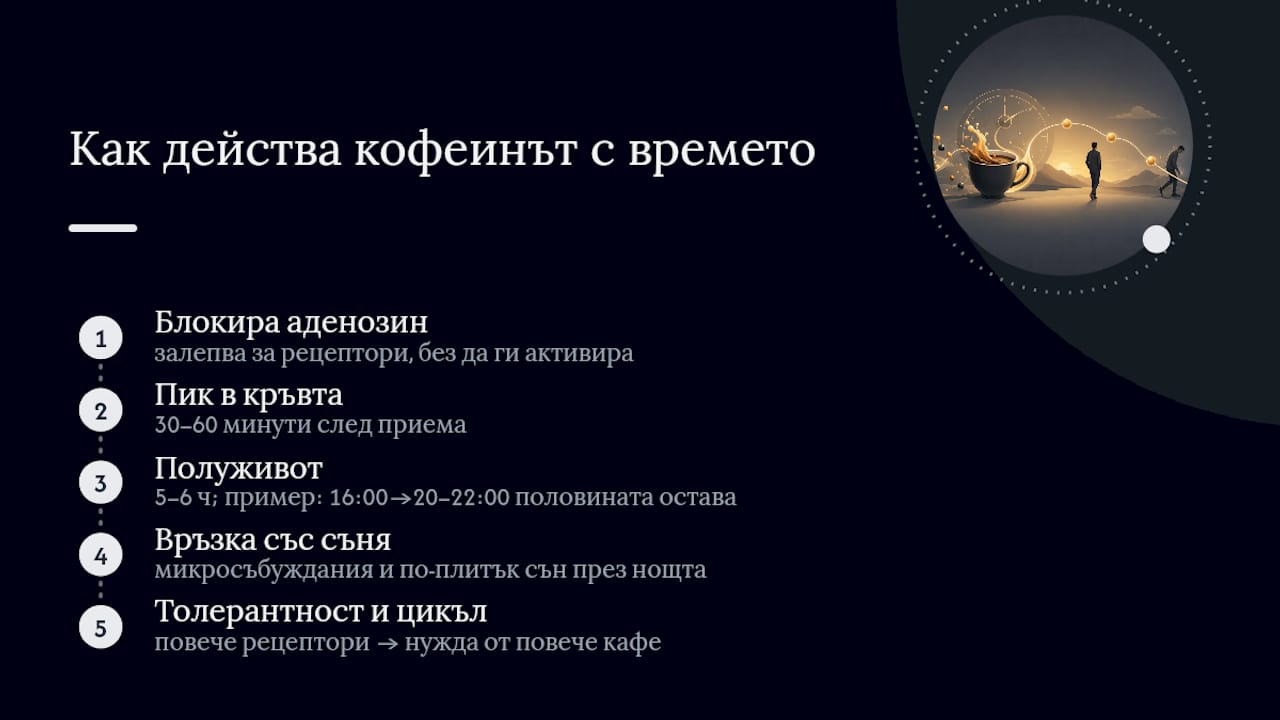 Как реагира мозъкът на кофеин и защо ефектът има краен срок — overview diagram