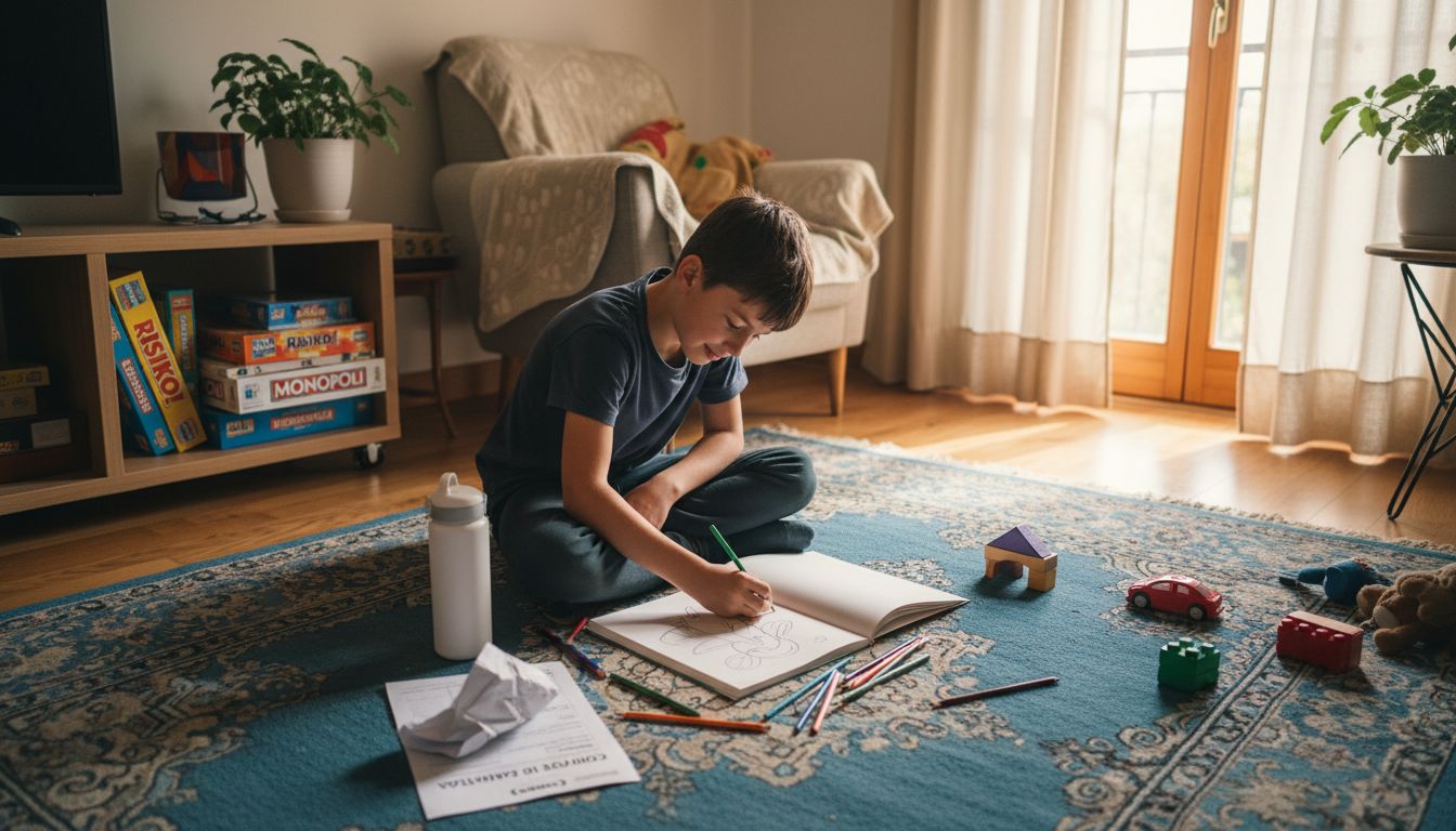 Un bambino disegna tranquillo seduto sul tappeto del salotto.