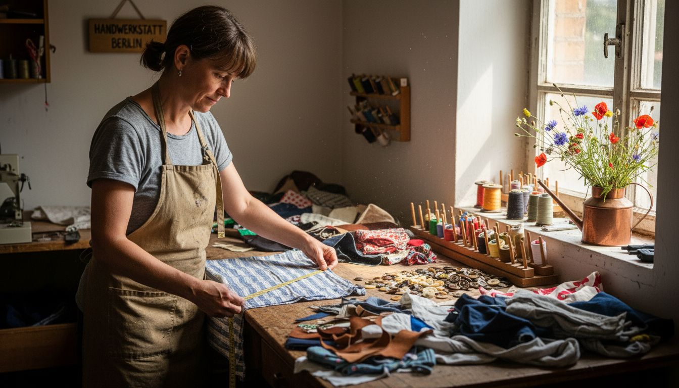 In einer Berliner Werkstatt sortiert eine Handwerkerin verschiedene Stoffe und prüft deren Qualität.