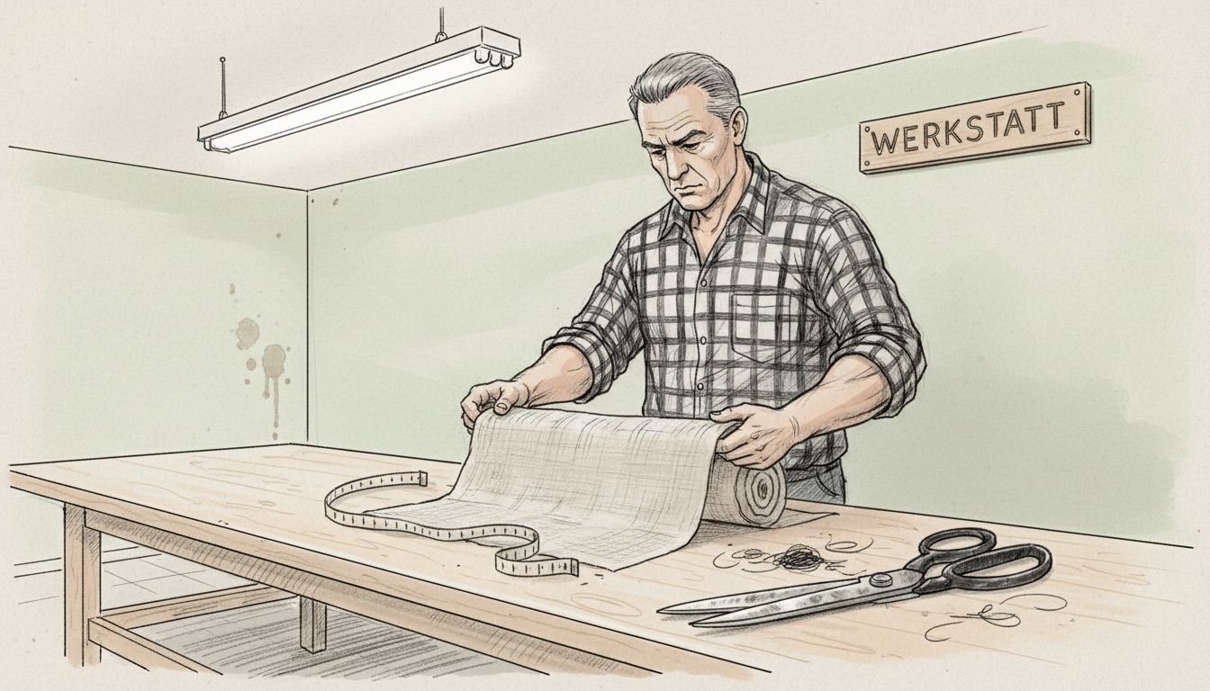 Ein Handwerker prüft sorgfältig ein Leinengewebe, das später für die Herstellung von Kleidung verwendet werden soll.