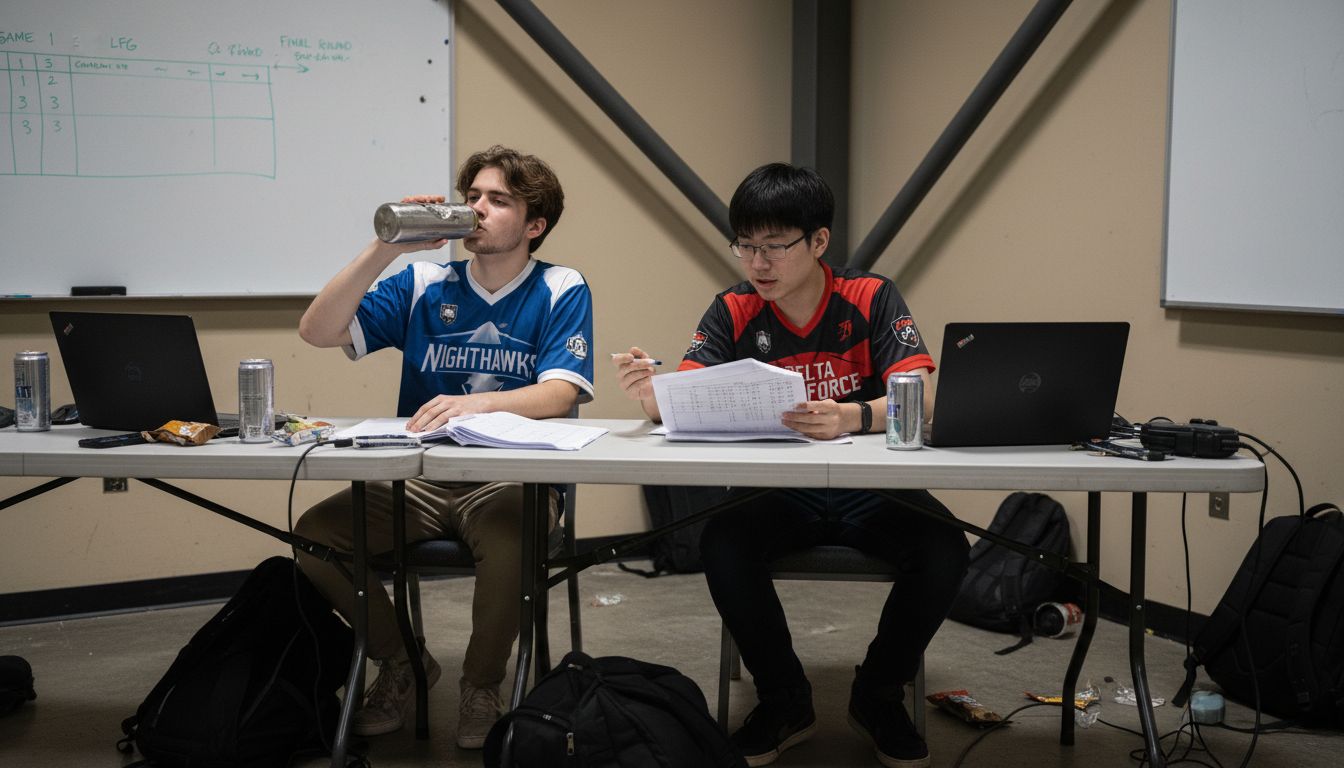 Esports players reviewing brackets backstage