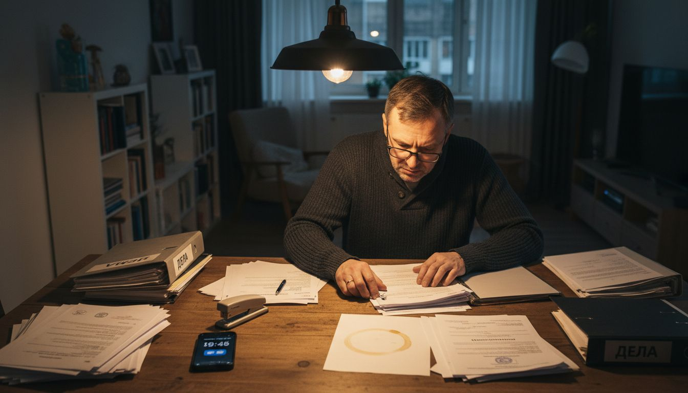Мужчина внимательно проверяет деловые документы на наличие ошибок и неточностей.