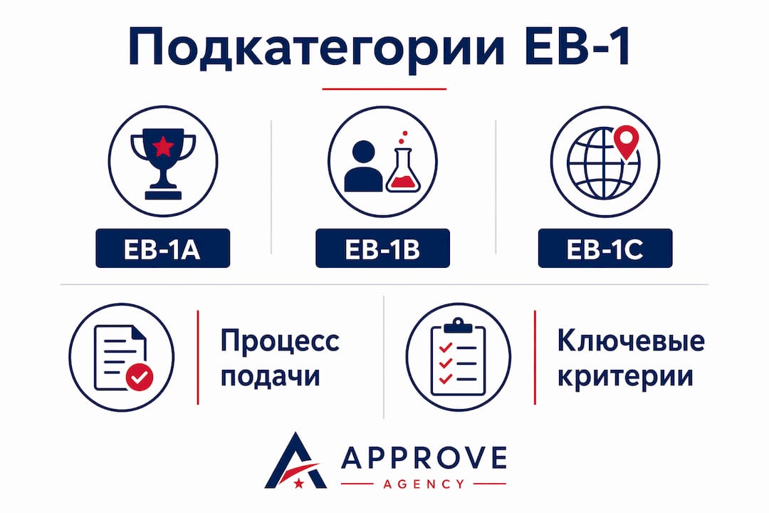 Инфографика: основные категории визы EB-1 и этапы оформления