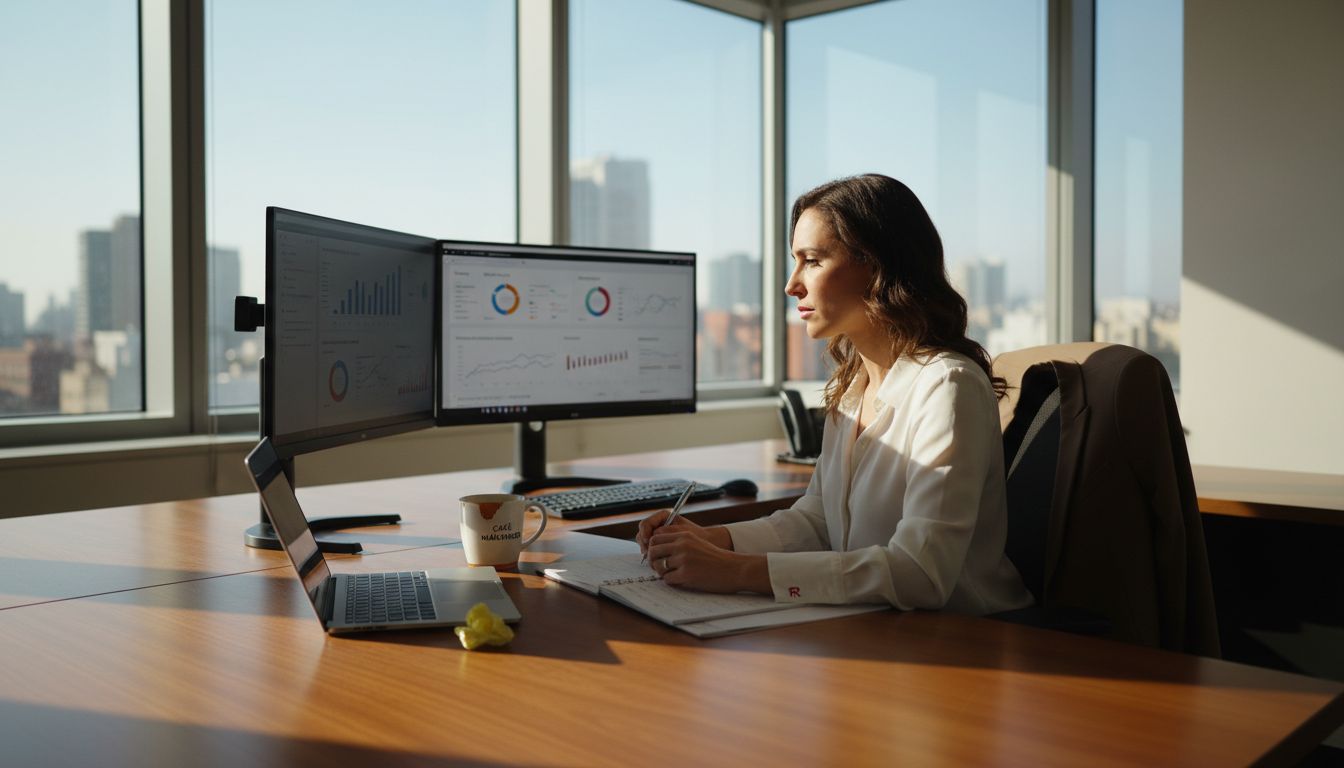 Directiva analizando información en un entorno digital de trabajo