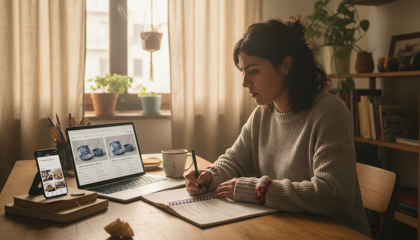 Dueño de una tienda online trabajando entre papeles y objetos desordenados en su escritorio