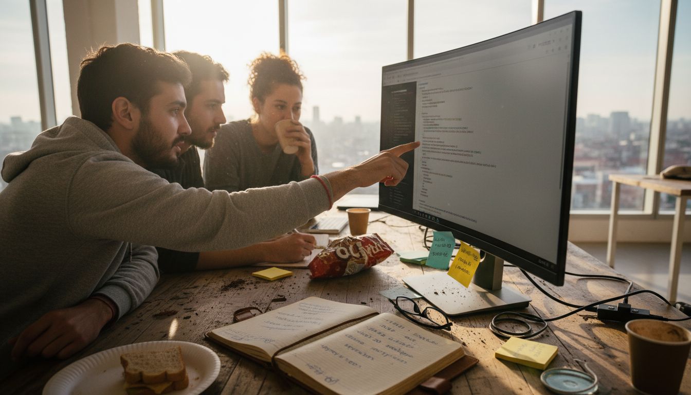 Un equipo de desarrolladores web trabajando juntos en la oficina de una startup, compartiendo ideas y colaborando en nuevos proyectos.