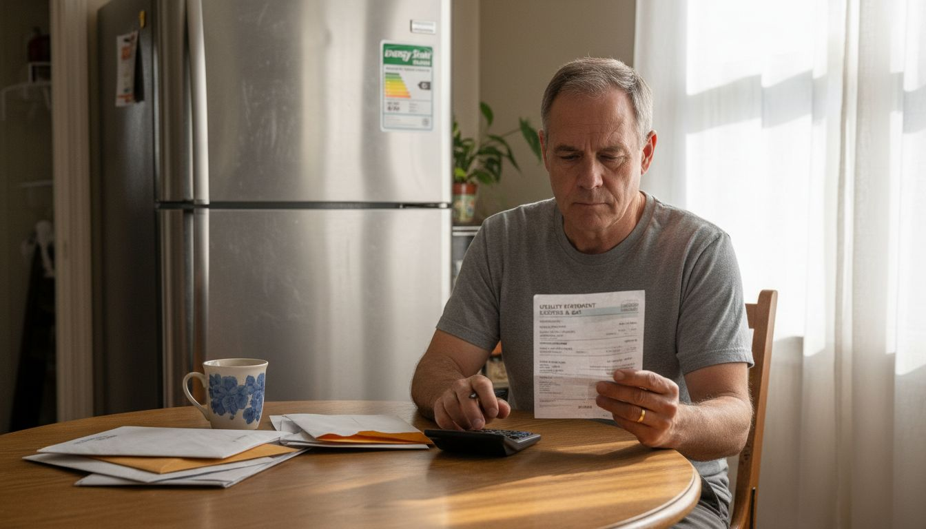 Person examining energy bill near inverter fridge