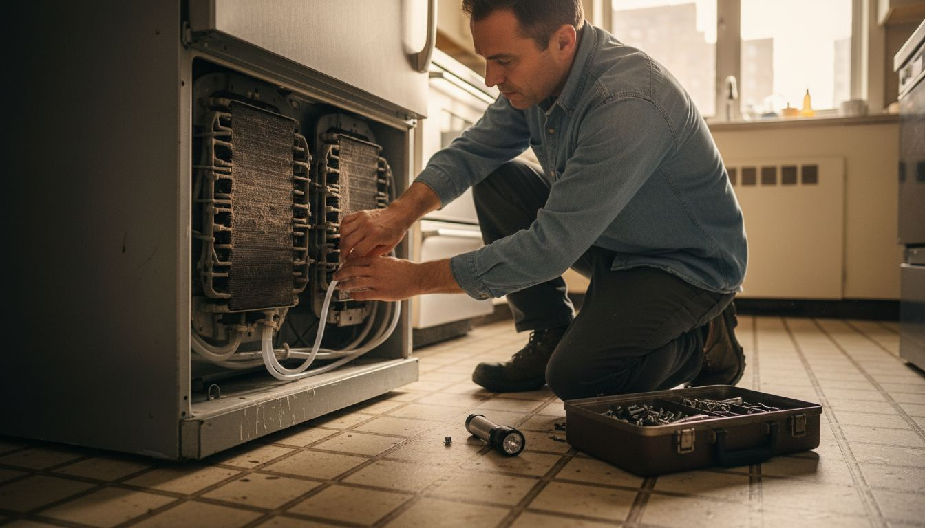 Technician checking fridge drainage tubes