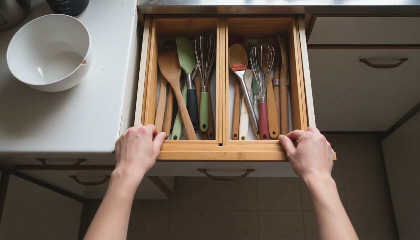 Hands arranging kitchen drawer organizers