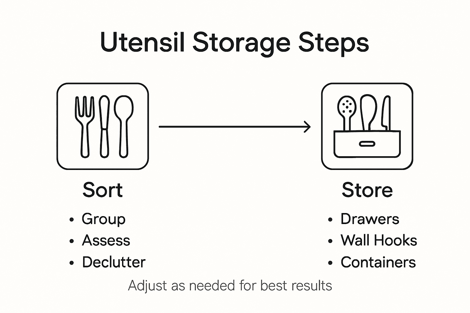 Infographic showing utensil organization steps and solutions