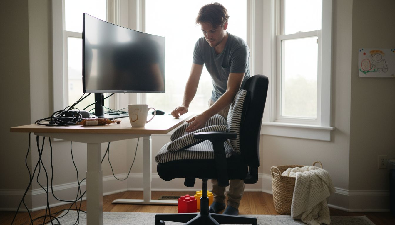 Standing desk setup with ergonomic features