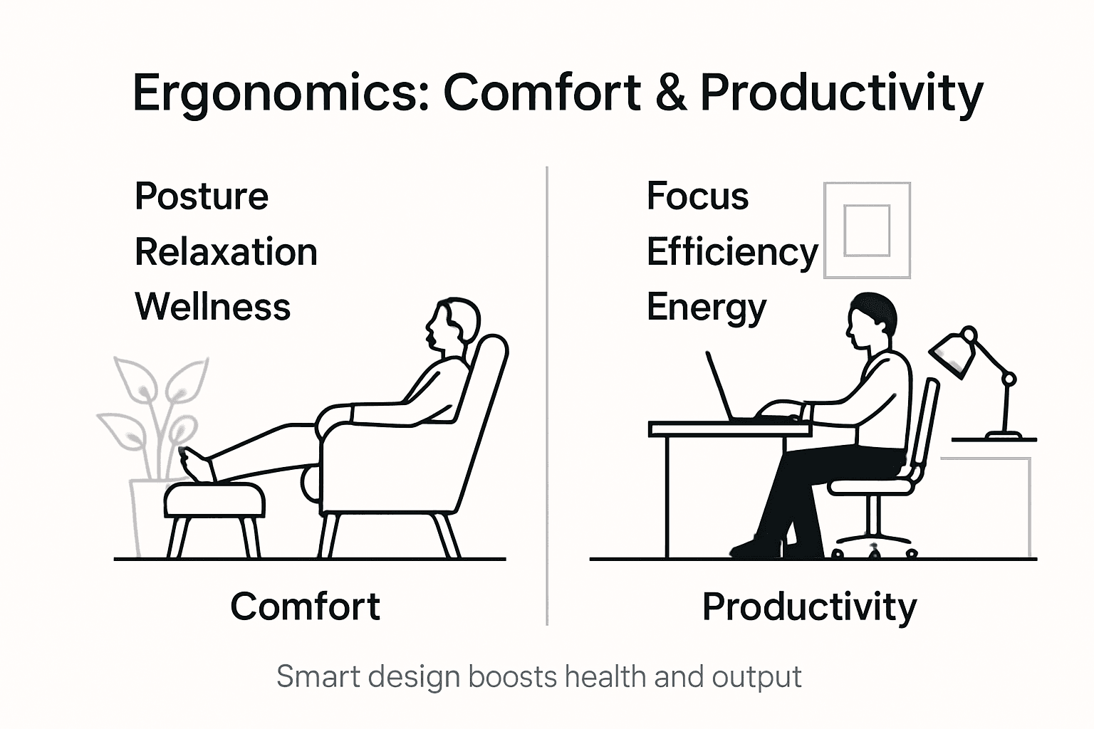 Infographic showing ergonomic comfort and productivity