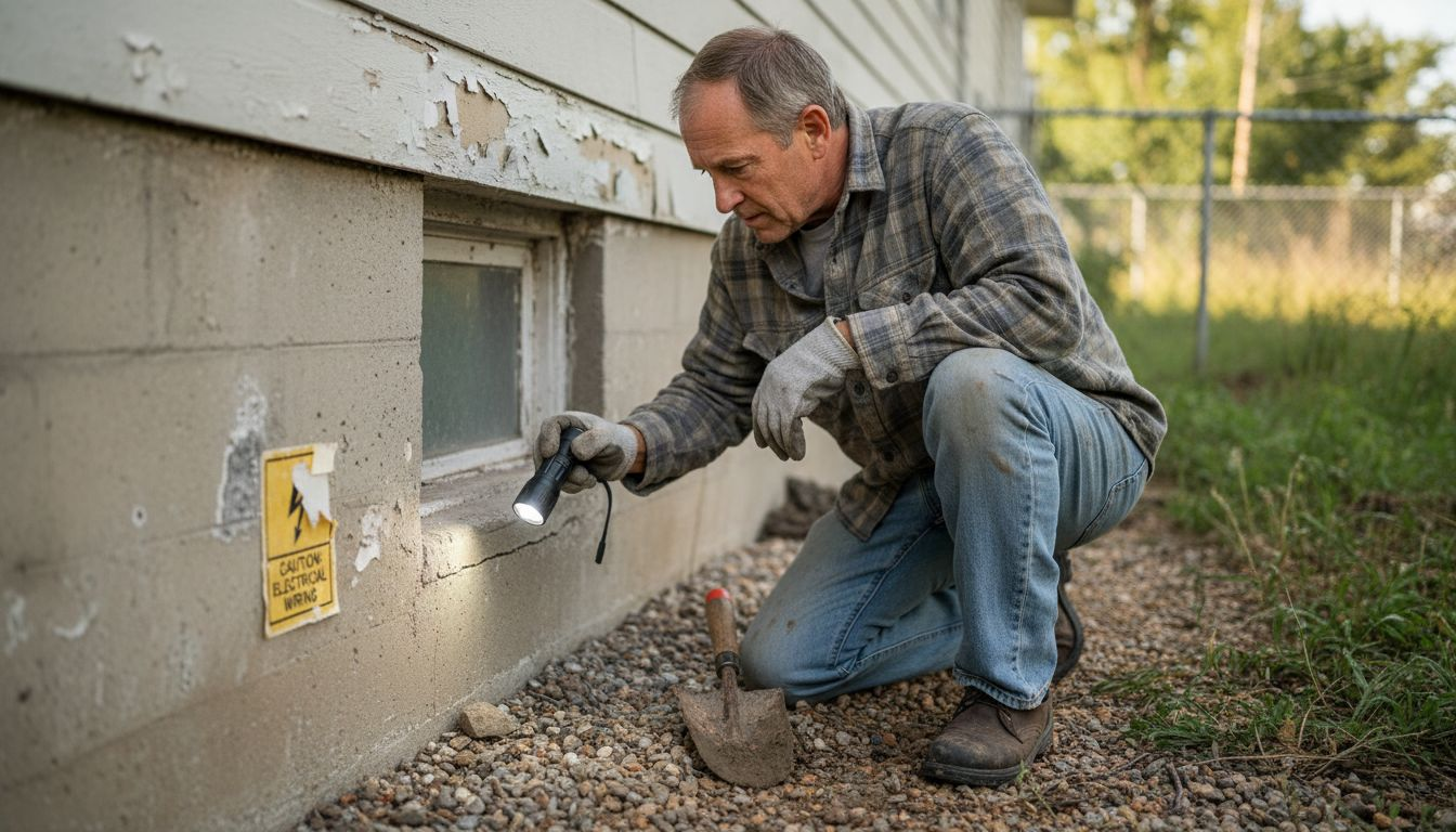 Man inspects city home foundation crack