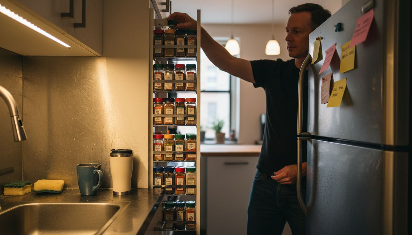 Man using pull-out rack in urban kitchen