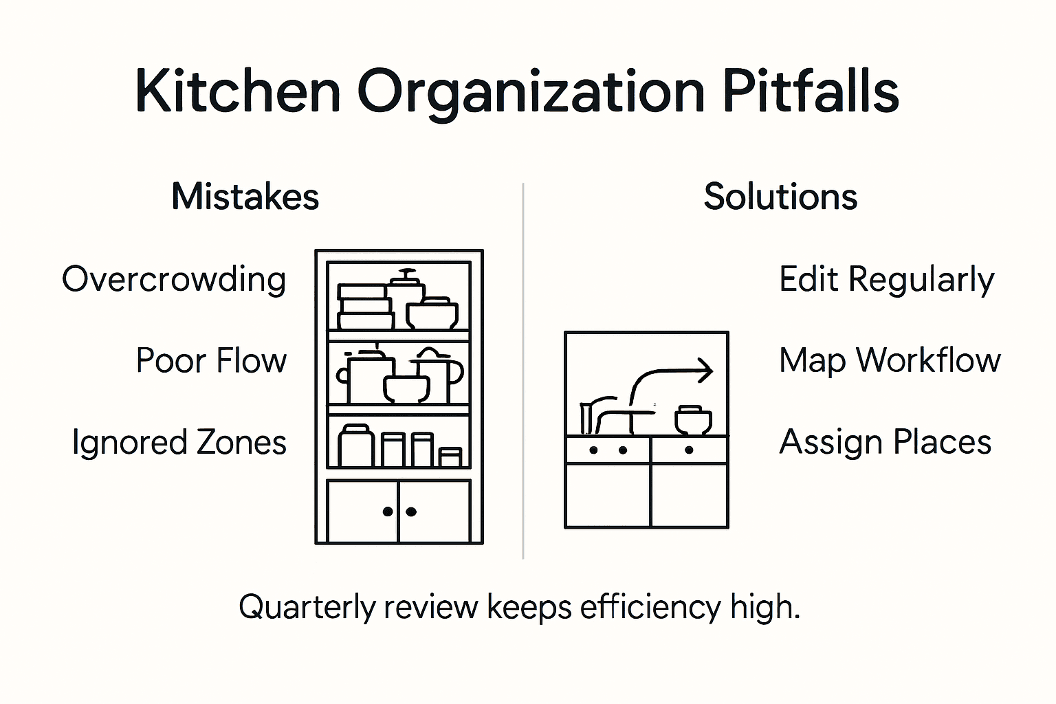 Infographic illustrating kitchen organization mistakes and solutions