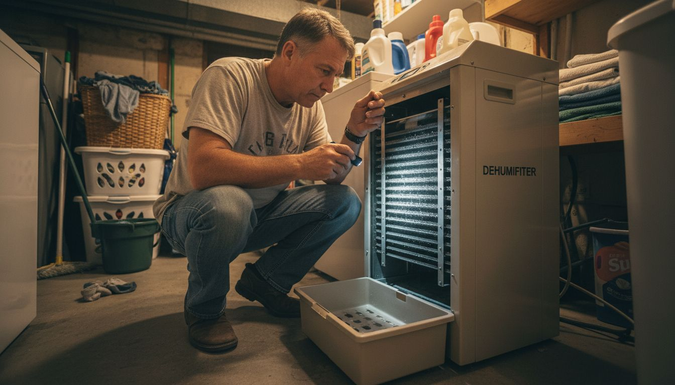 Person inspecting condensate dehumidifier coils