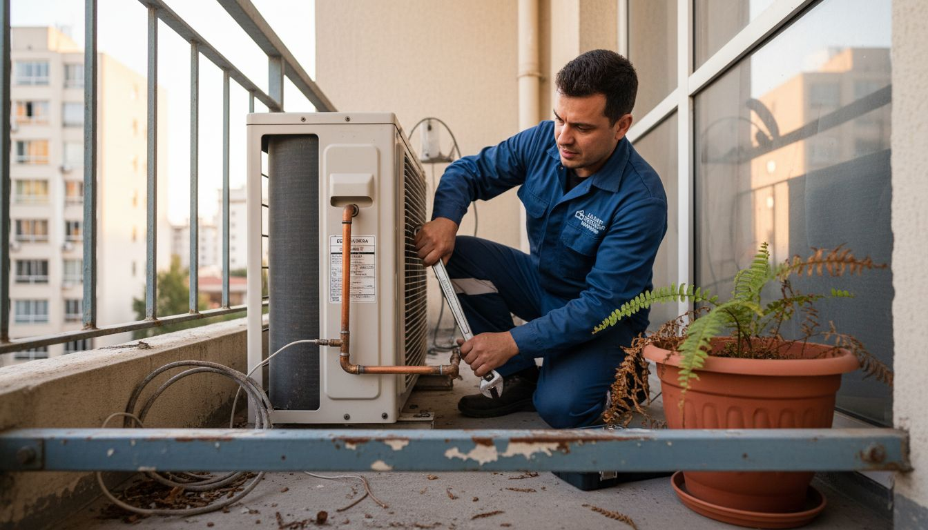 Technician servicing split AC condenser