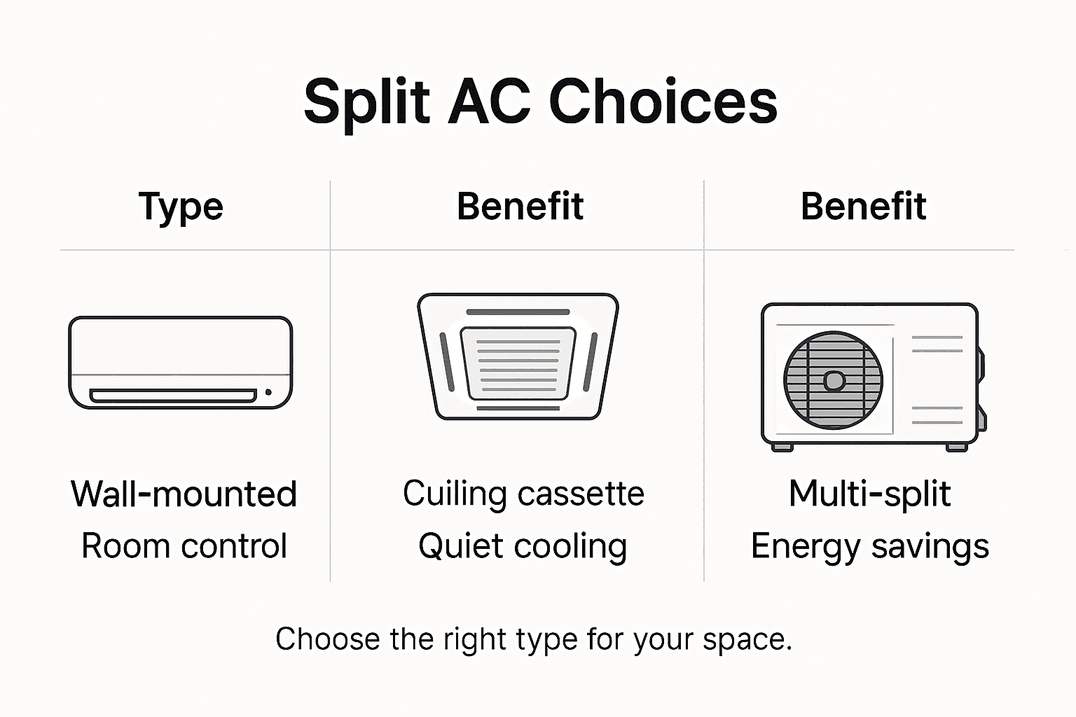 Infographic showing split AC types and benefits