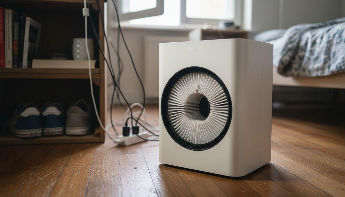 Closeup of air purifier filter in bedroom