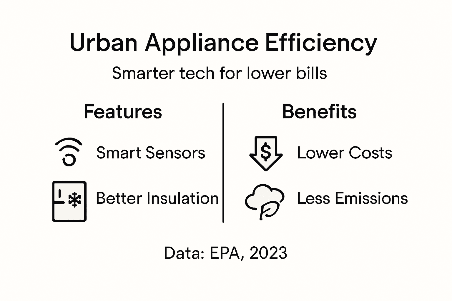 Infographic showing urban appliance efficiency features and benefits