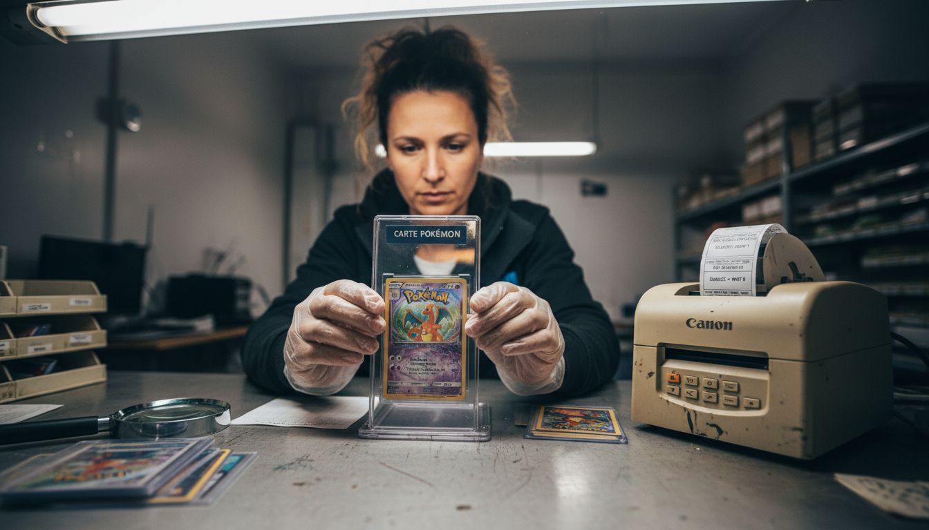 Un spécialiste glisse soigneusement une carte Pokémon dans une pochette de protection.