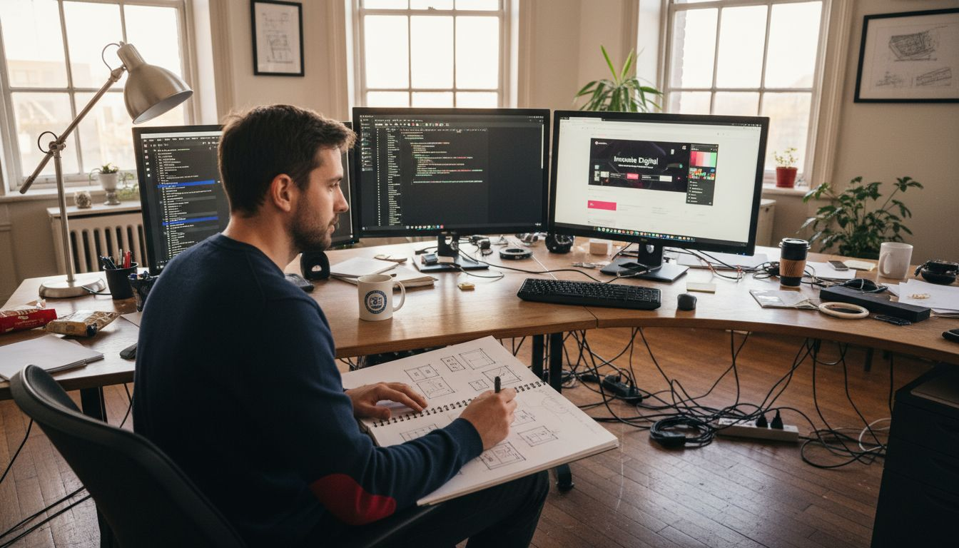 Web designer sketching at desk in office
