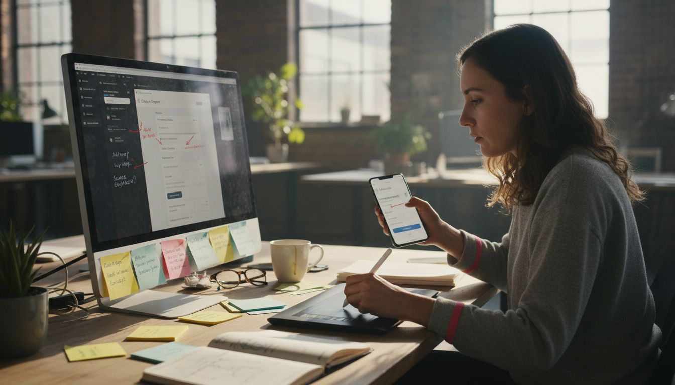 Designer drawing ecommerce wireframes on devices