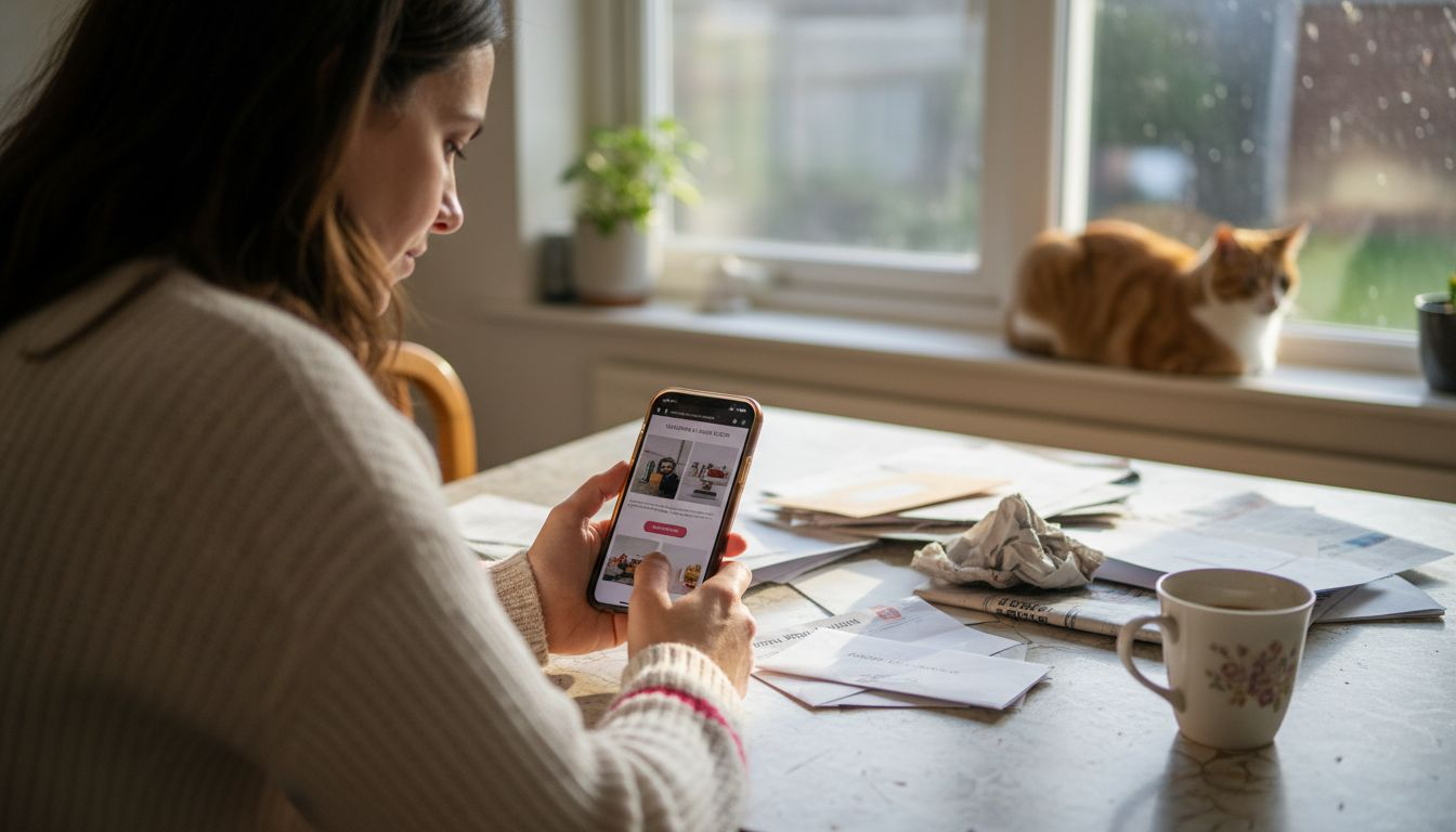 Customer shopping online at kitchen table