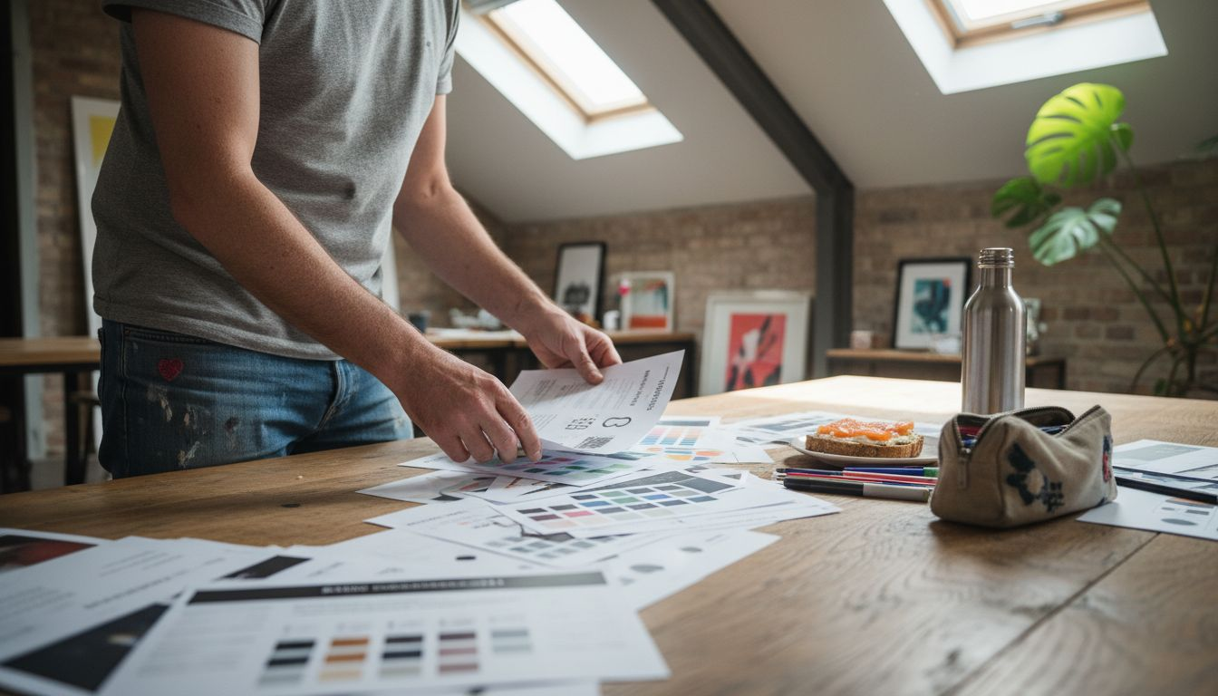 Designer reviewing printed brand guidelines