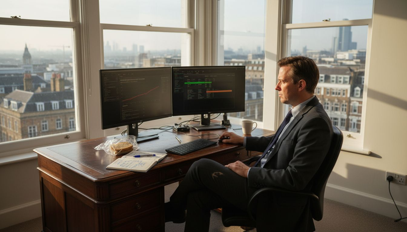 IT director in UK office checking security dashboards