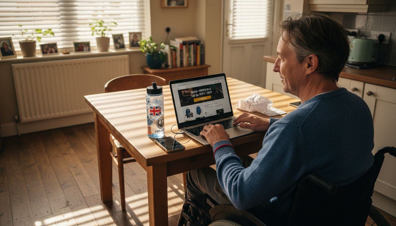 Wheelchair user shopping online at kitchen table