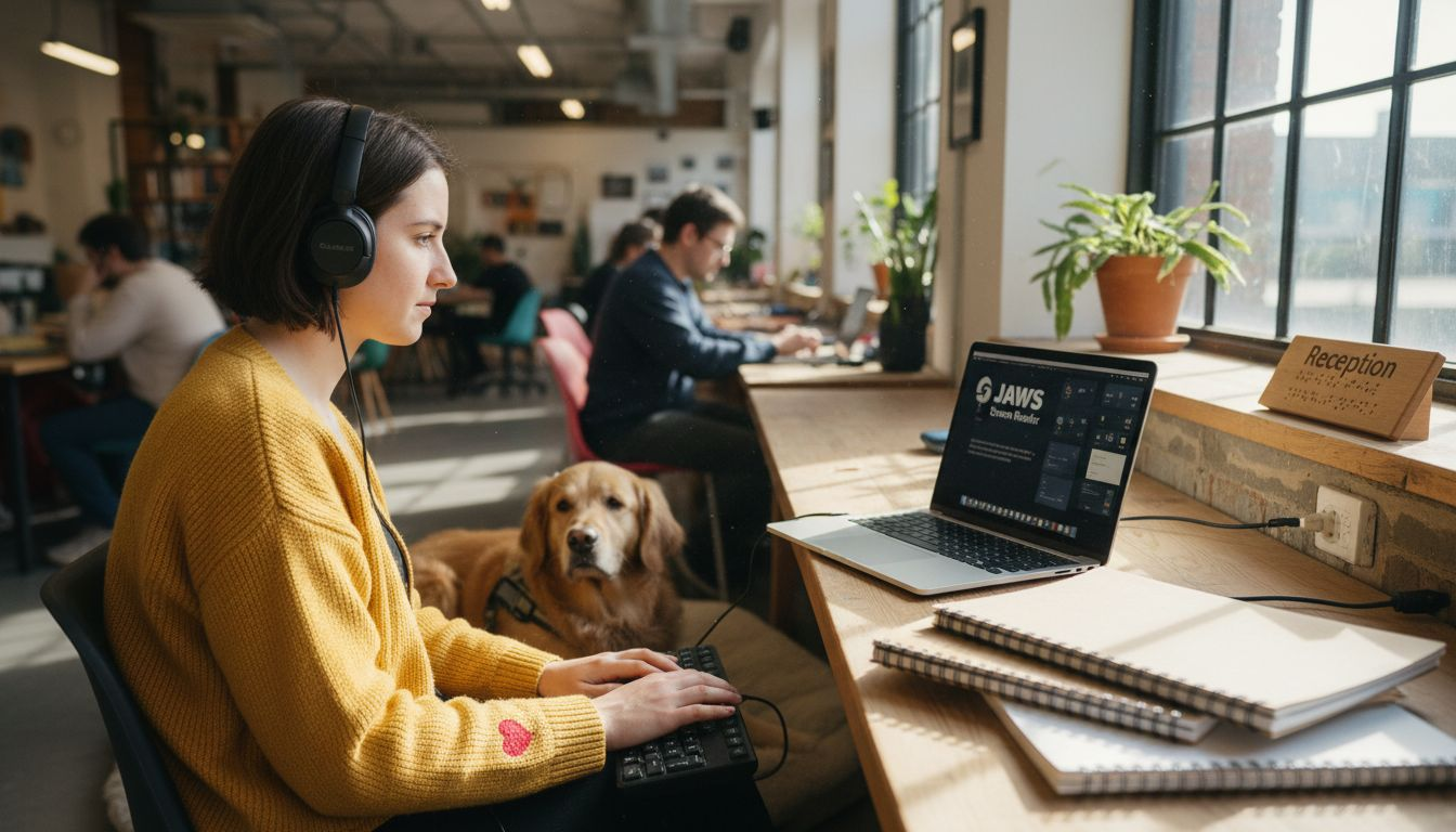Blind woman with guide dog using accessible website
