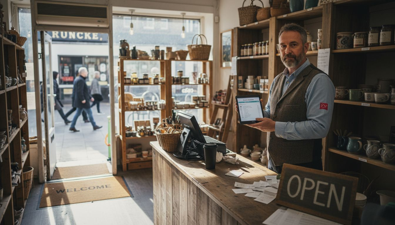 Shop owner checking online orders in busy store