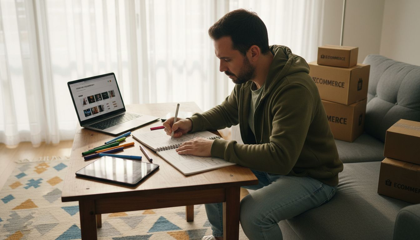 Store owner sketching website layout at home