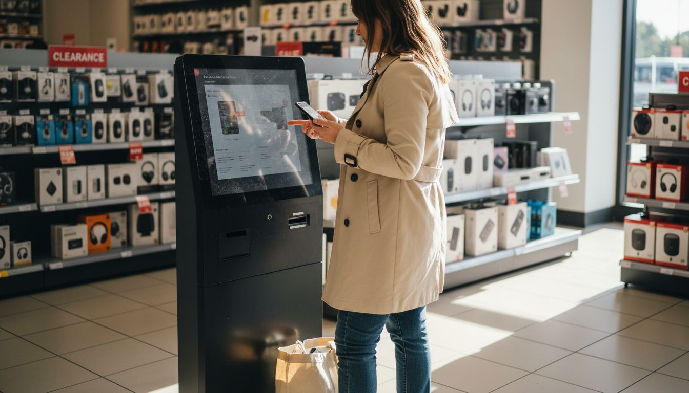 Shopper using phone and store kiosk simultaneously
