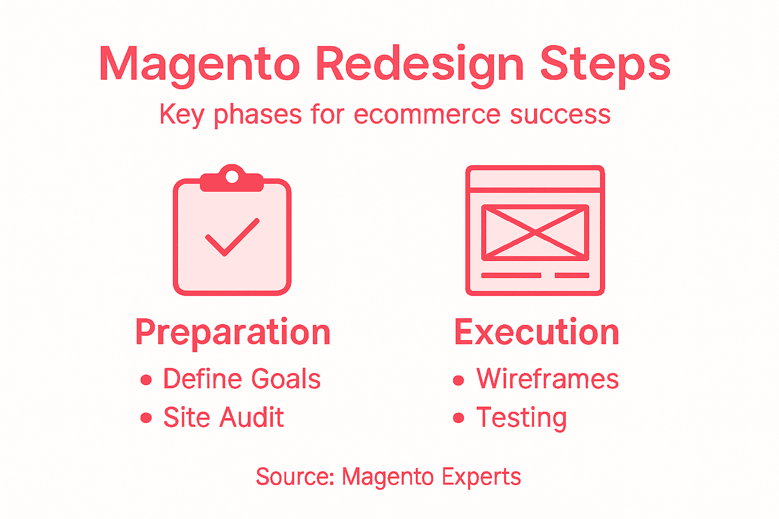 Infographic showing Magento redesign process key steps