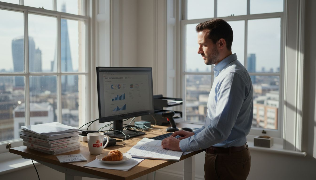 Ecommerce manager at desk with sales data and shipping labels