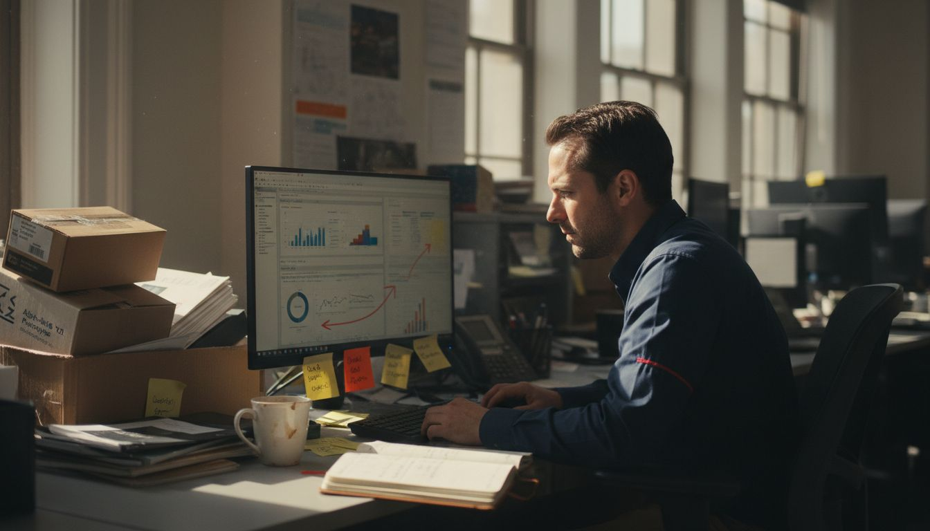 Ecommerce owner in corner UK office workspace