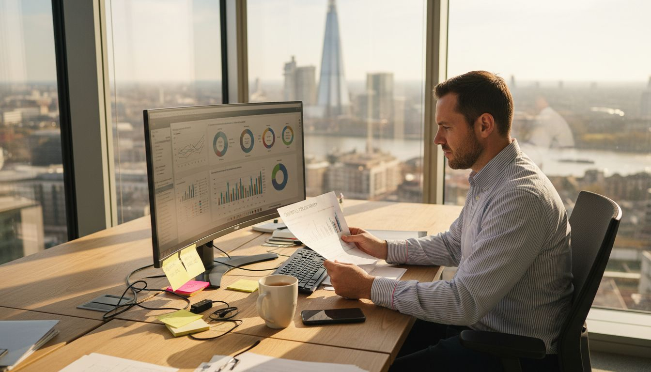 Ecommerce manager reviews CMS reports in office