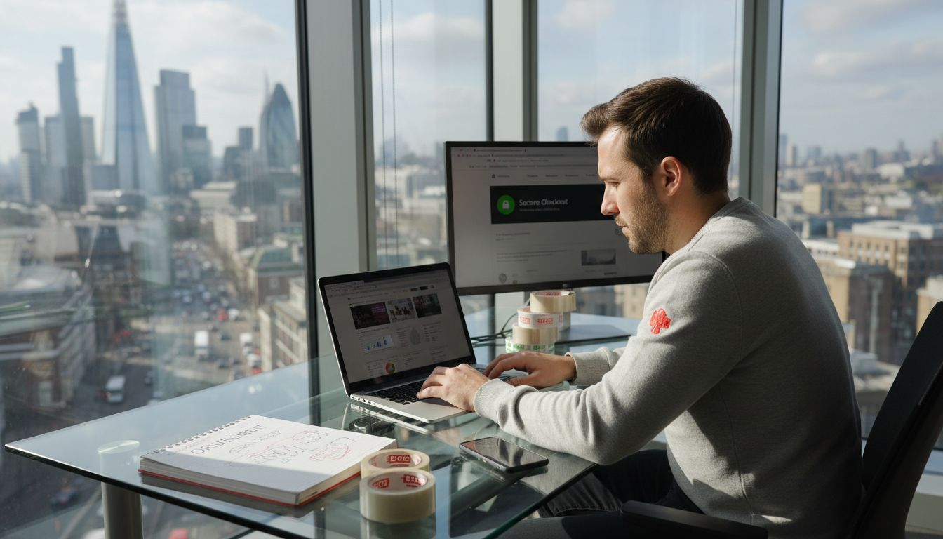 UK ecommerce owner at office desk
