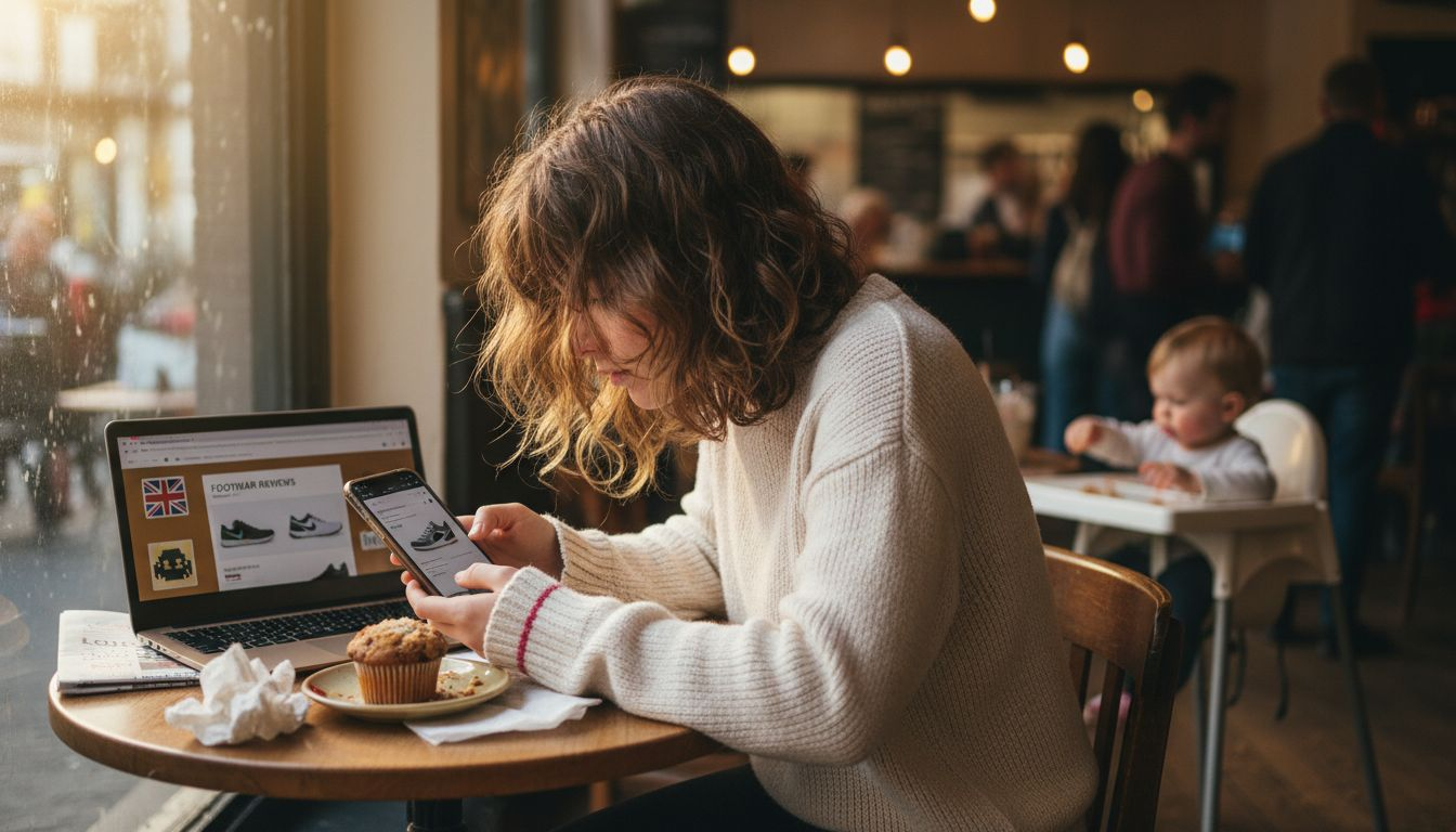 Customer shopping on mobile in busy cafe