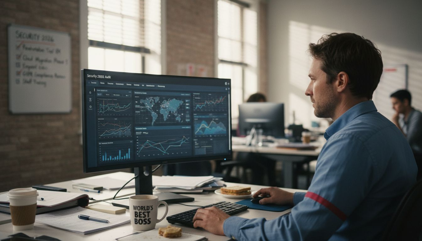 Ecommerce manager reviews security dashboard at desk