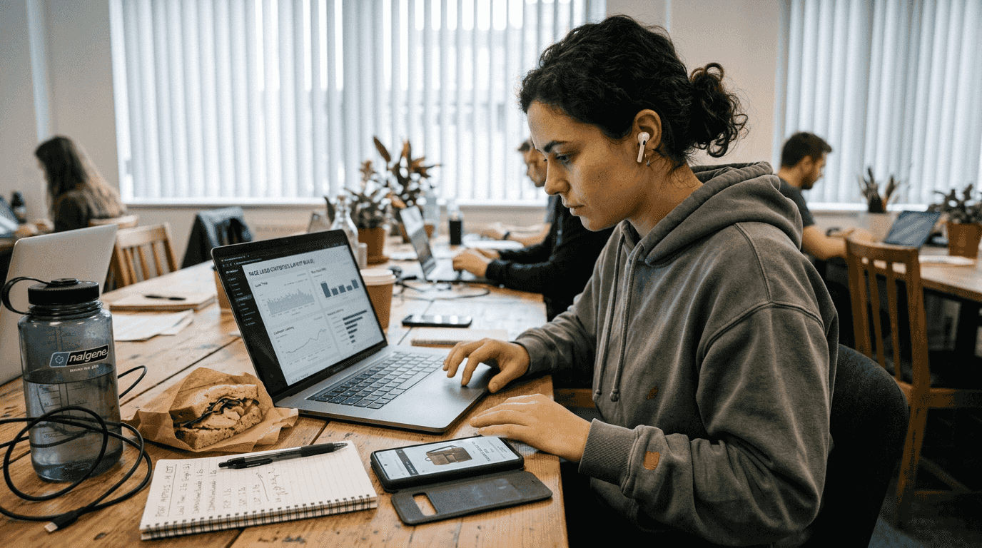 Developer reviewing mobile site speed at desk