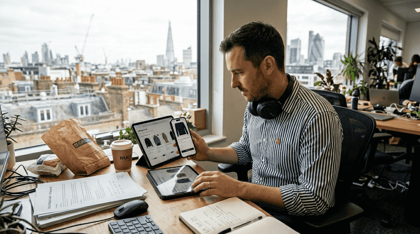 Ecommerce manager testing mobile site in UK office