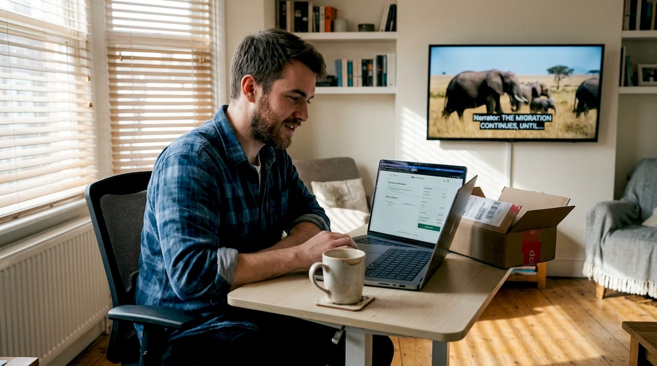 Man finishing online order on laptop by window