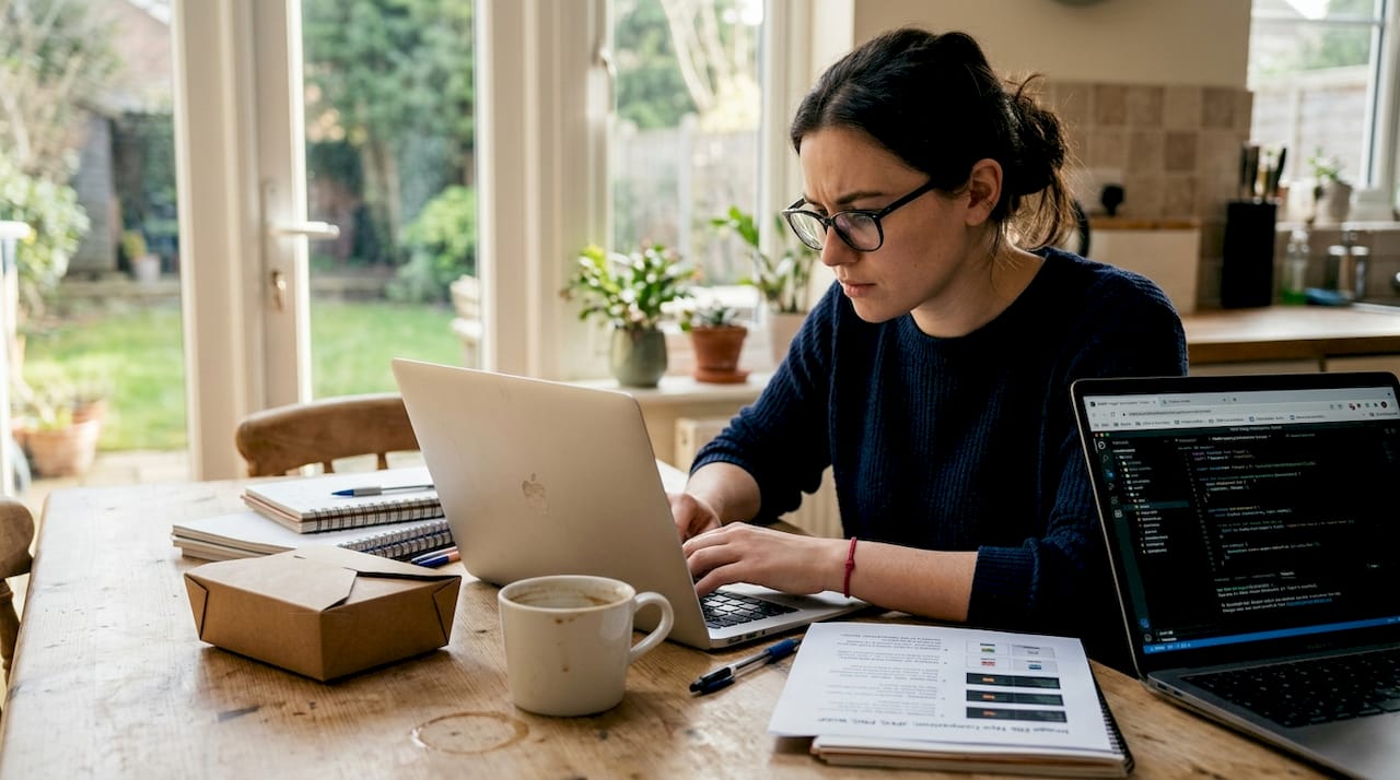 Developer optimizing images at kitchen table workspace